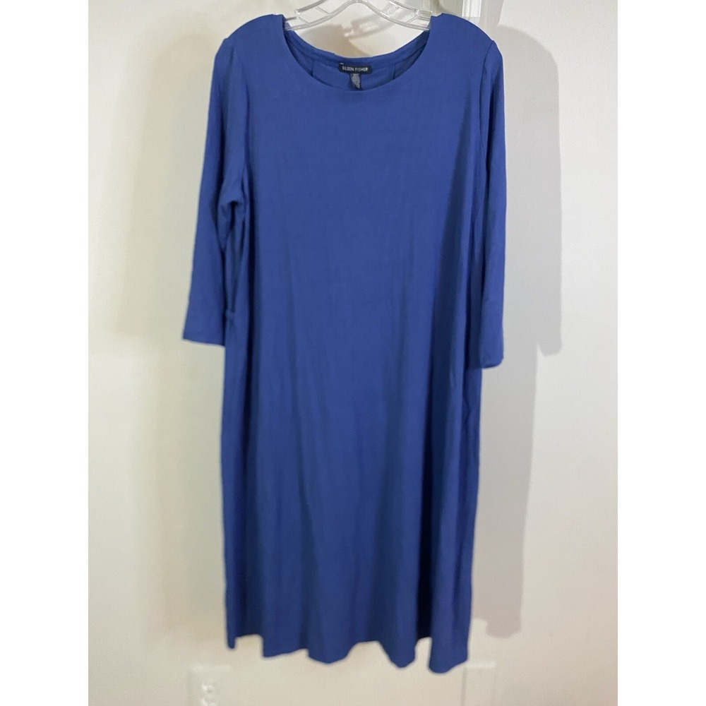 EILEEN FISHER Blue Viscose Dress 3/4 Sleeve Cinched Back L